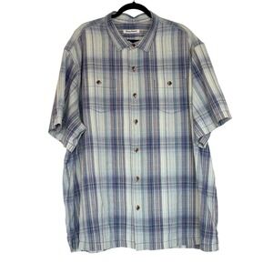 Tommy Bahama Men 3XL Blue Purple Plaid Silk Blend Short Sleeve Button Down Shirt